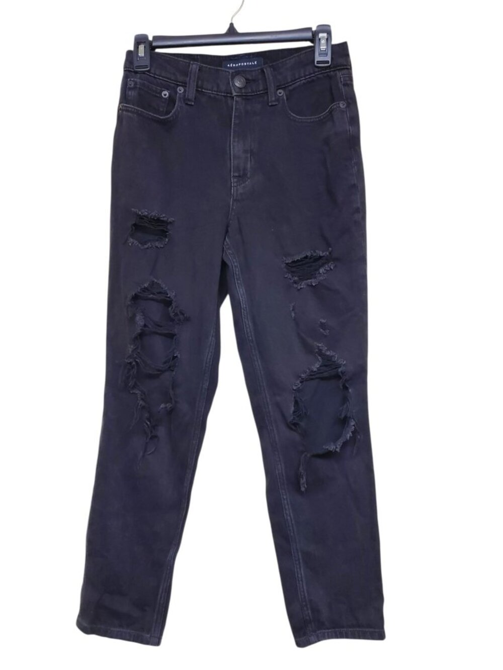 Aeropostale Women's Faded Black Destroyed Ripped High Rise Mom Jeans Size 0